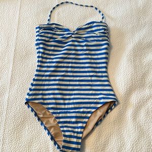 J. Crew one piece bandeau style blue white stripe bathing suit size 2 NWT